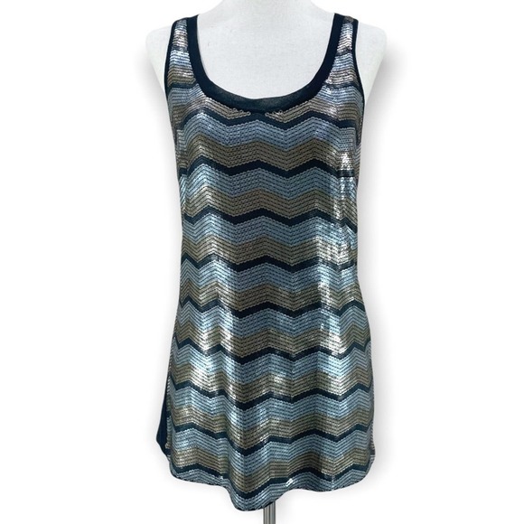 Express Sequined Tank Top Silver Gold  Chevron Scoop Neck Size S - Picture 2 of 11